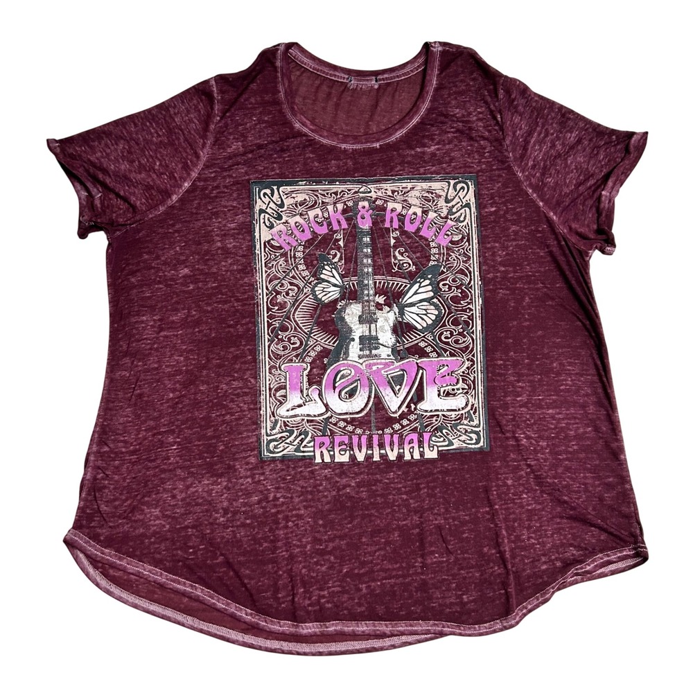 Rock and Roll Love Revival Graphic Tee Burgundy Burnout Short Sleeve T-Shirt